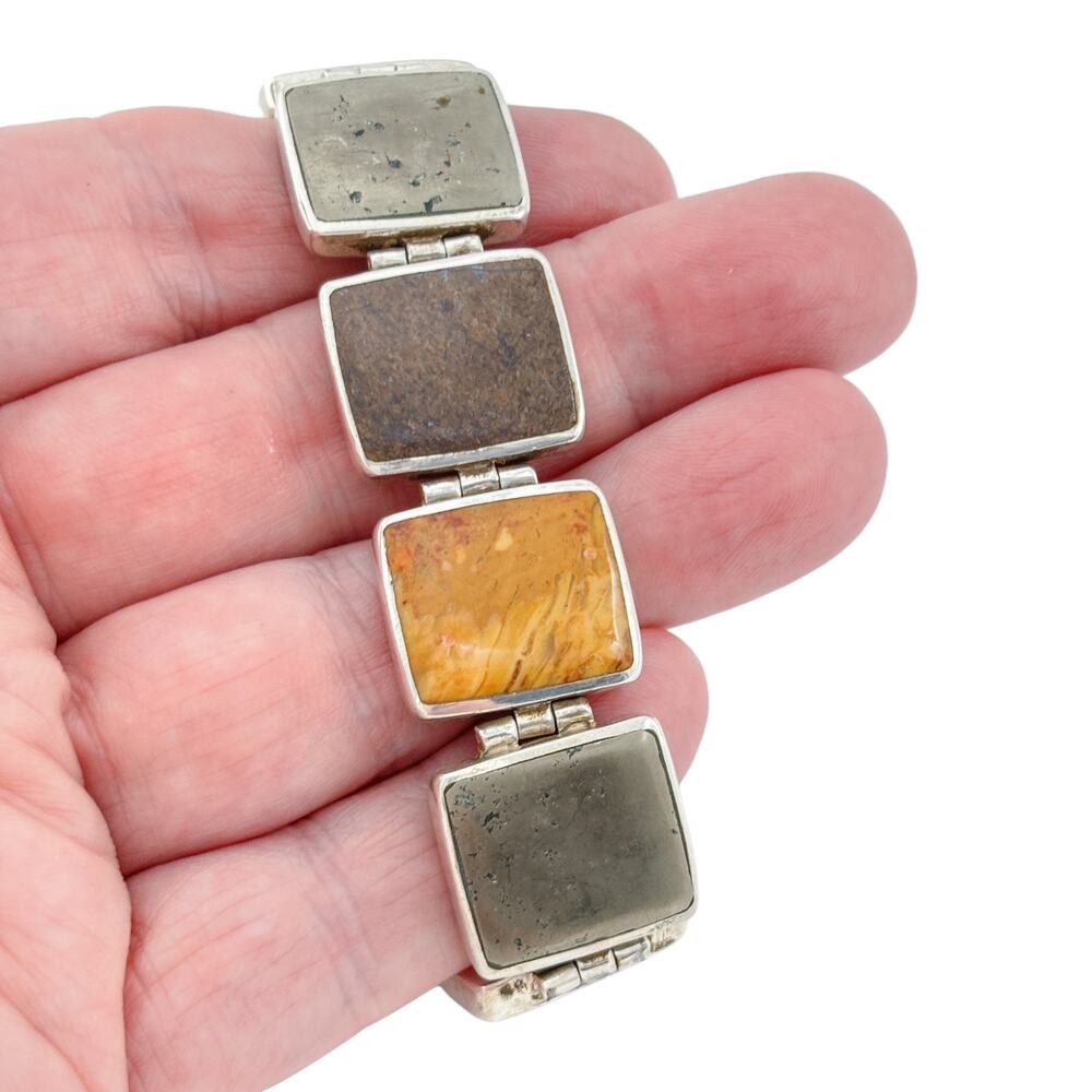 Retired Silpada Sterling Silver 925 Pyrite Bronzite Jasper Link Bracelet 7.25"